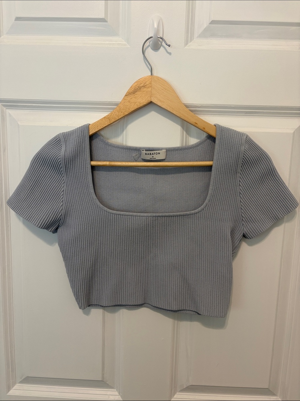 Babaton Blue Gray Ribbed Square-Neck Crop Top